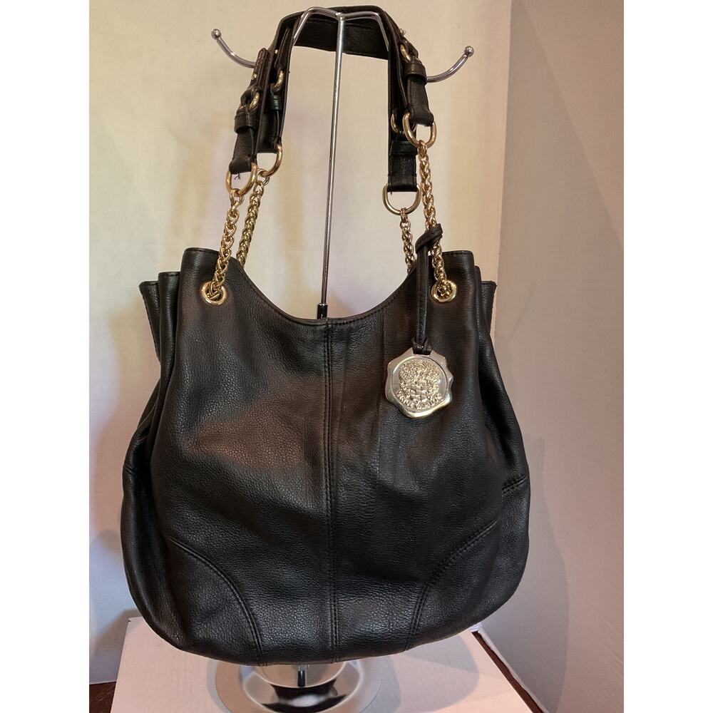 Vince Camuto Large Black Pebbled Leather Hobo/Shoulder Bag with Gold Chains